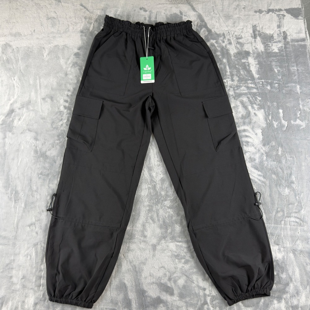 Coyyleaf Women Black Cargo Jogger Pants High Waist Elastic Cuff Toggle Detail S